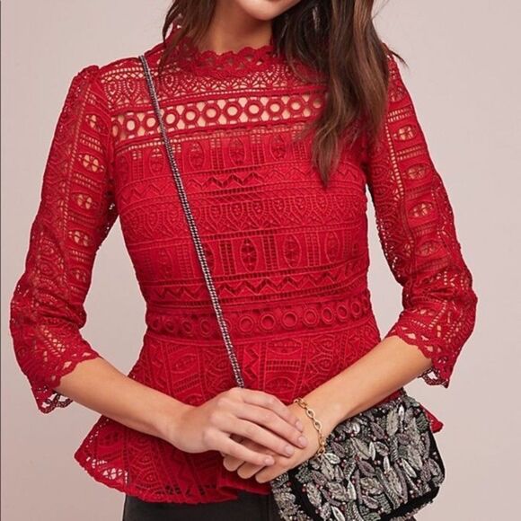 Moulinette Soeurs by Anthropologie Tamera Geometric Lace Peplum Red Blouse Sz 0 - Picture 1 of 6